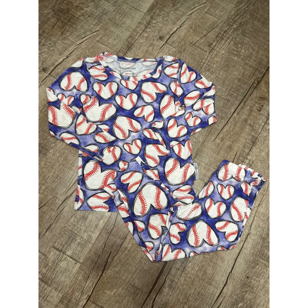 Milk+Coco Kids 2T Bamboo Baseball Heart Pajama Set Blue White Red 2pc Sleepwear